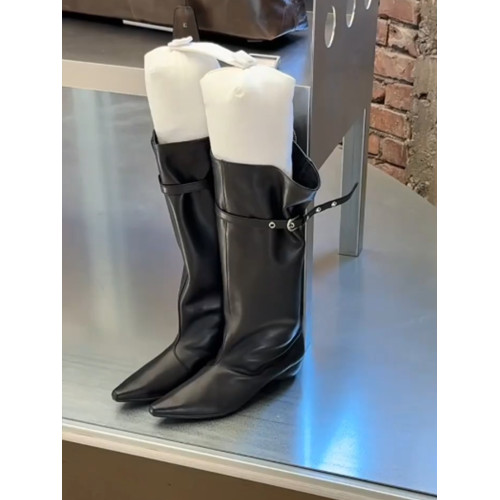 「羊皮版」韓國小衆拉鍊寬筒騎士靴女尖頭低跟長靴堆堆靴西部靴潮