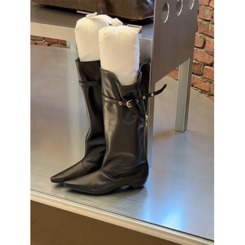 「羊皮版」韓國小衆拉鍊寬筒騎士靴女尖頭低跟長靴堆堆靴西部靴潮