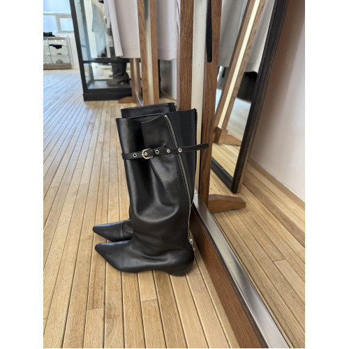 「羊皮版」韓國小衆拉鍊寬筒騎士靴女尖頭低跟長靴堆堆靴西部靴潮