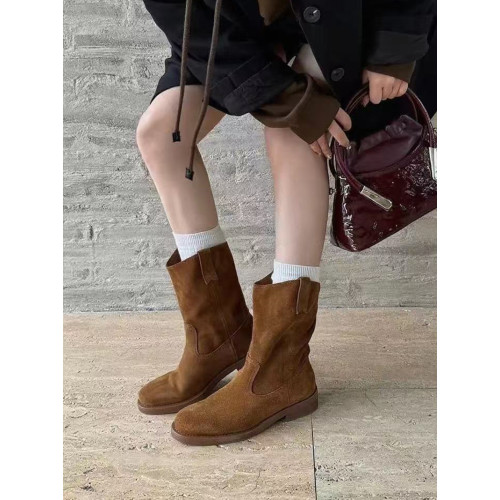 歐洲站厚底慵懶一腳蹬套筒短靴女款新款復古軟皮西部中筒騎士靴