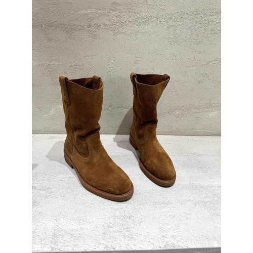 歐洲站厚底慵懶一腳蹬套筒短靴女款新款復古軟皮西部中筒騎士靴