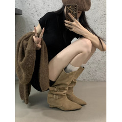 高跟尖頭棕色靴子中筒騎士靴女鞋2025春秋冬褲琯靴長筒復古長靴子