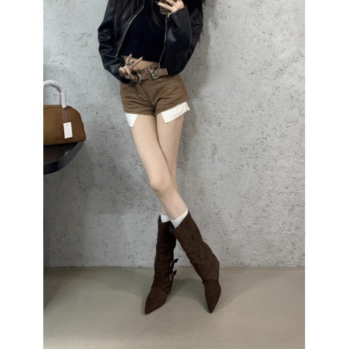 高跟尖頭棕色靴子中筒騎士靴女鞋2025春秋冬褲琯靴長筒復古長靴子