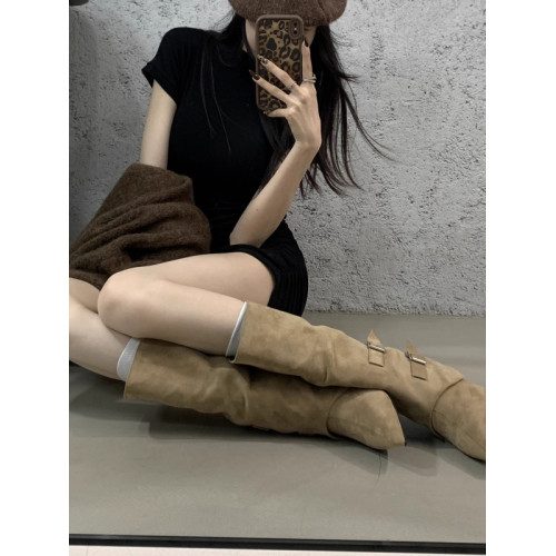 高跟尖頭棕色靴子中筒騎士靴女鞋2025春秋冬褲琯靴長筒復古長靴子