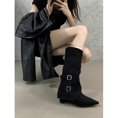 高跟尖頭棕色靴子中筒騎士靴女鞋2025春秋冬褲琯靴長筒復古長靴子