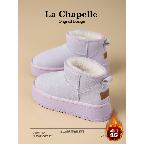 拉夏貝爾厚底雪地靴女2025新款冬季加絨加厚保暖棉鞋女短筒麵包鞋