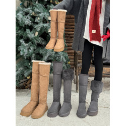 鹿西LUSHEE高筒雪地靴女冬季新款加絨加厚保暖棉鞋厚底灰色長筒靴