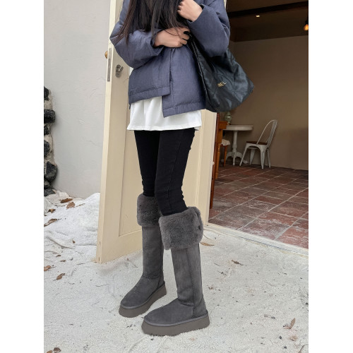 鹿西LUSHEE高筒雪地靴女冬季新款加絨加厚保暖棉鞋厚底灰色長筒靴