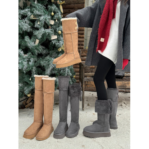 鹿西LUSHEE高筒雪地靴女冬季新款加絨加厚保暖棉鞋厚底灰色長筒靴