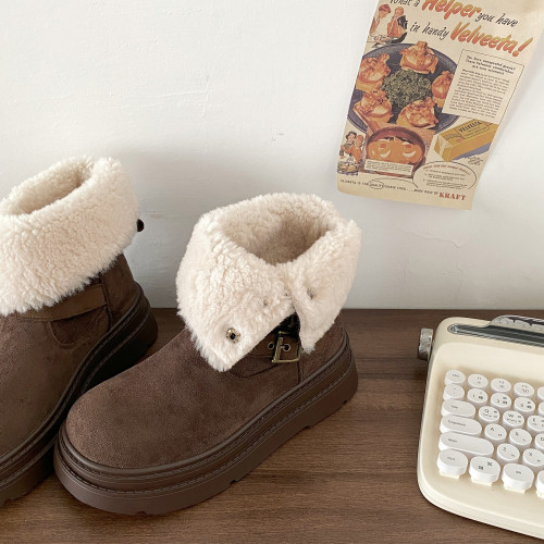 喜叔復古棕色兩穿厚底雪地靴女2025冬季新款加絨加厚短靴保暖棉鞋