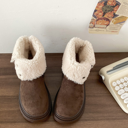 喜叔復古棕色兩穿厚底雪地靴女2025冬季新款加絨加厚短靴保暖棉鞋