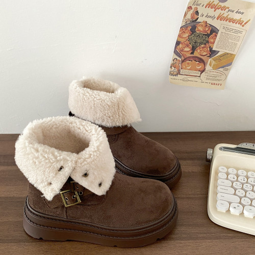 喜叔復古棕色兩穿厚底雪地靴女2025冬季新款加絨加厚短靴保暖棉鞋