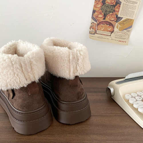 喜叔復古棕色兩穿厚底雪地靴女2025冬季新款加絨加厚短靴保暖棉鞋