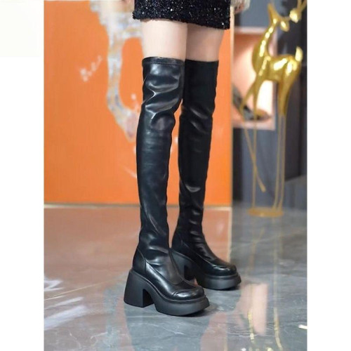 韓版性感圓頭厚底粗跟時裝靴時尚氣質軟皮過長靴女瘦瘦靴2025年