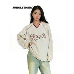 叢林老虎美式字母刺綉V領麂皮絨衛衣男女2026春季潮牌情侶裝上衣