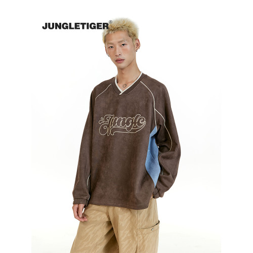 叢林老虎美式字母刺綉V領麂皮絨衛衣男女2026春季潮牌情侶裝上衣