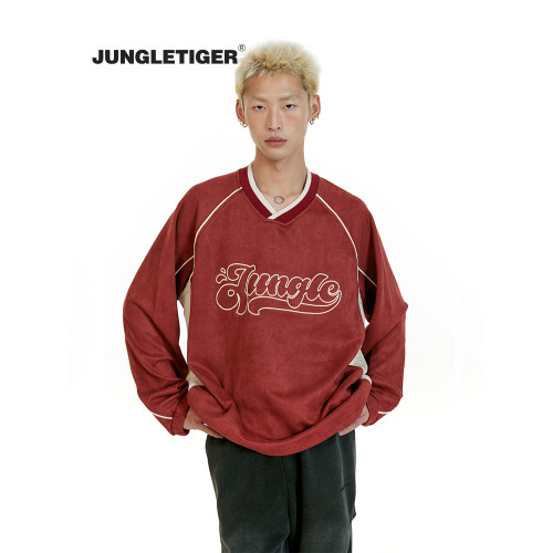 叢林老虎美式字母刺綉V領麂皮絨衛衣男女2026春季潮牌情侶裝上衣