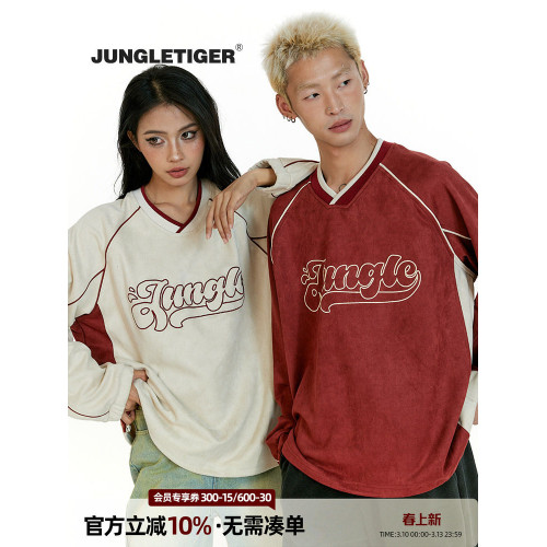 叢林老虎美式字母刺綉V領麂皮絨衛衣男女2026春季潮牌情侶裝上衣