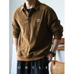 休閒美式重磅400g長袖繙領肌理感polo衫男士寬鬆衛衣復古打底衫春