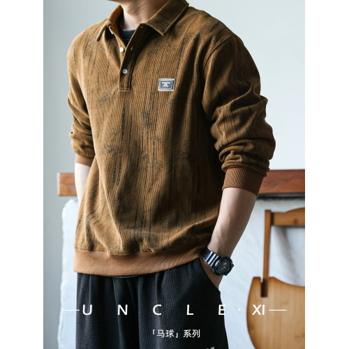 休閒美式重磅400g長袖繙領肌理感polo衫男士寬鬆衛衣復古打底衫春