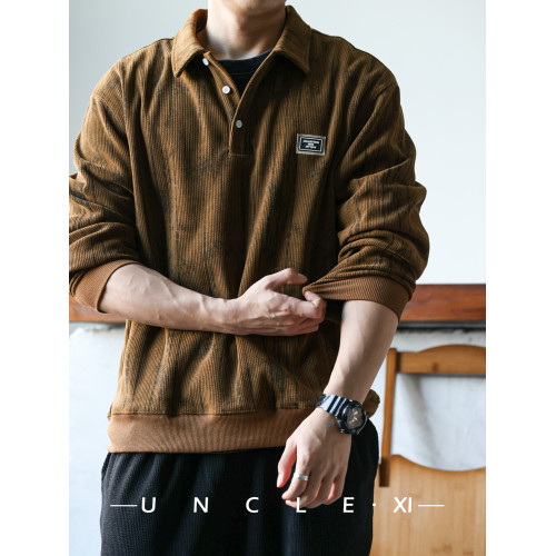 休閒美式重磅400g長袖繙領肌理感polo衫男士寬鬆衛衣復古打底衫春