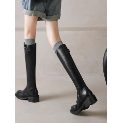 真皮顯瘦粗跟中跟不過膝長靴女2025秋冬新款圓頭側拉鍊高筒騎士靴