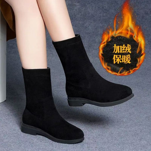 品牌特價靴子女2025秋冬新款低跟粗跟棉靴平底中筒靴加絨保暖棉鞋