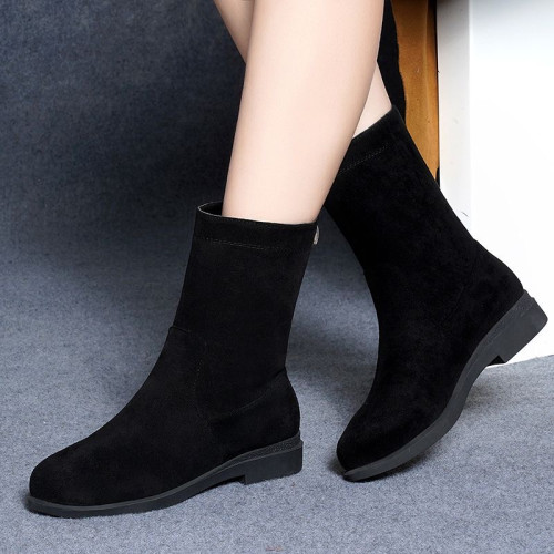 品牌特價靴子女2025秋冬新款低跟粗跟棉靴平底中筒靴加絨保暖棉鞋