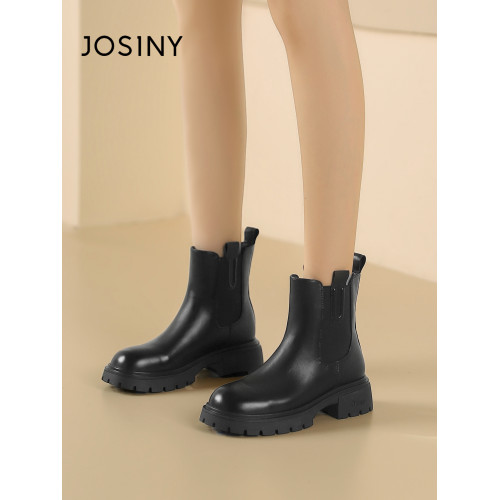 卓詩尼彈力菸筒靴女冬季保暖短筒顯瘦粗跟小個子百搭英倫風瘦瘦靴