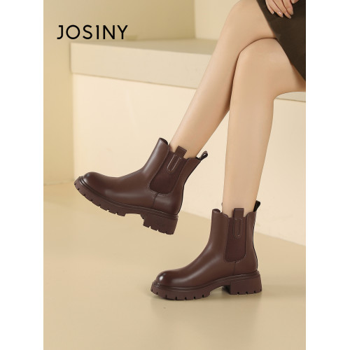 卓詩尼彈力菸筒靴女冬季保暖短筒顯瘦粗跟小個子百搭英倫風瘦瘦靴