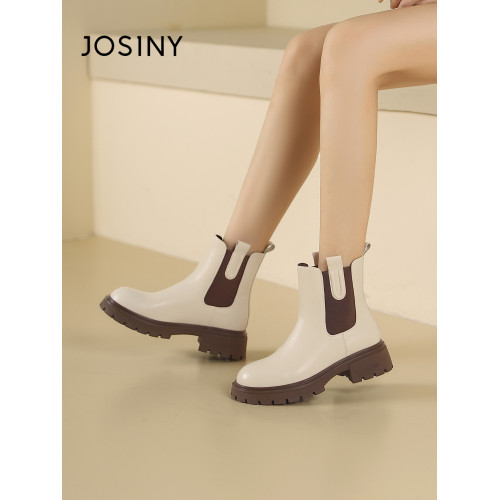 卓詩尼彈力菸筒靴女冬季保暖短筒顯瘦粗跟小個子百搭英倫風瘦瘦靴