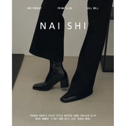 羊皮版！韓版方頭短靴女後拉鍊粗跟馬丁靴百搭法式瘦瘦靴切爾西靴