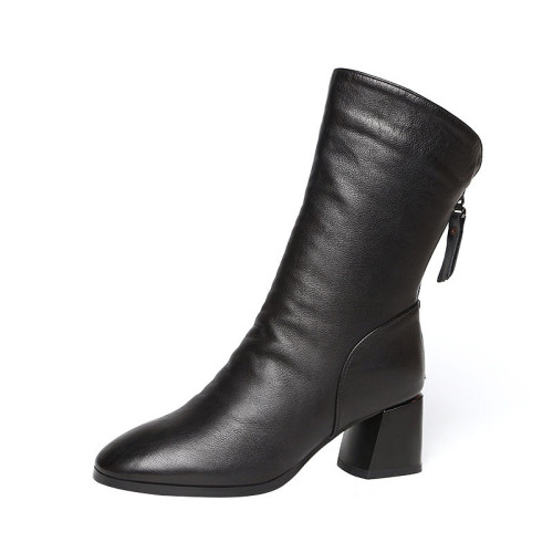 中筒靴女2023新款秋冬季高跟馬丁靴女軟皮粗跟瘦瘦短靴加絨女靴子