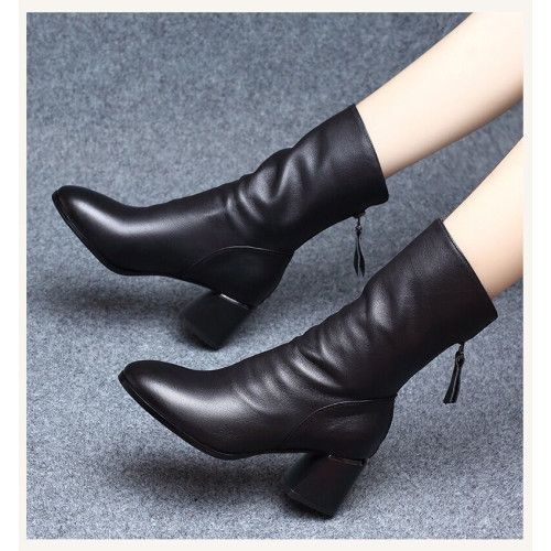 中筒靴女2023新款秋冬季高跟馬丁靴女軟皮粗跟瘦瘦短靴加絨女靴子