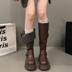 厚底增高高筒靴女2025年新款春秋時尚百搭馬丁靴棕色美拉德騎士靴