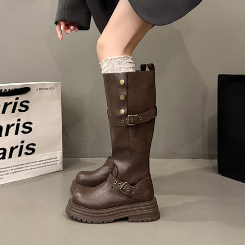 厚底增高高筒靴女2025年新款春秋時尚百搭馬丁靴棕色美拉德騎士靴