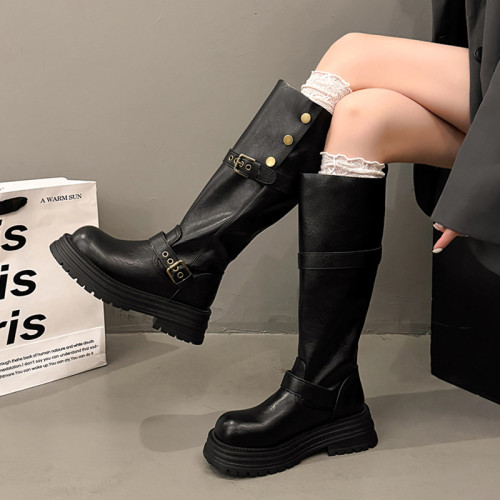 厚底增高高筒靴女2025年新款春秋時尚百搭馬丁靴棕色美拉德騎士靴