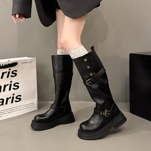 厚底增高高筒靴女2025年新款春秋時尚百搭馬丁靴棕色美拉德騎士靴