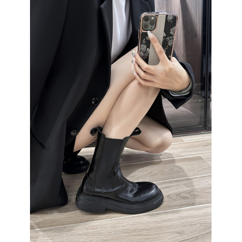 羊皮版~真皮復古厚底英倫風切爾西靴短靴女中筒褶皺菸筒靴馬丁靴