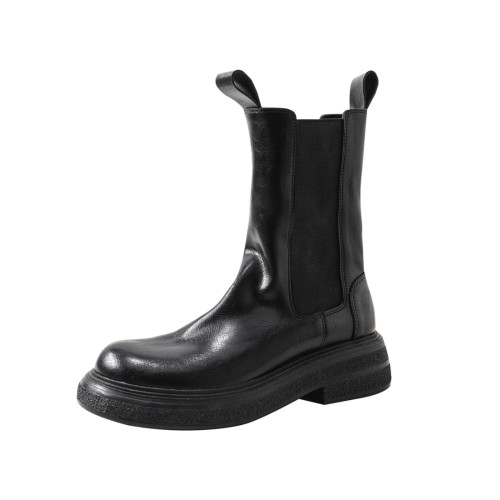 羊皮版~真皮復古厚底英倫風切爾西靴短靴女中筒褶皺菸筒靴馬丁靴