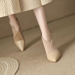 高級感法式小踝靴高跟小衆短靴女2025V口磨砂尖頭細跟裸靴高跟鞋