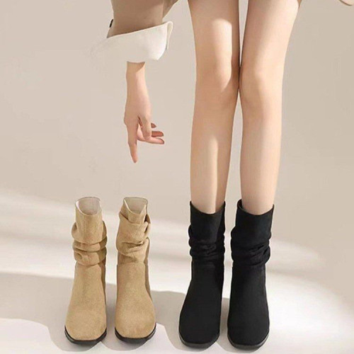 復古堆堆靴女2025新款粗跟短靴棕色西部牛仔靴百搭騎士靴女時裝鞋