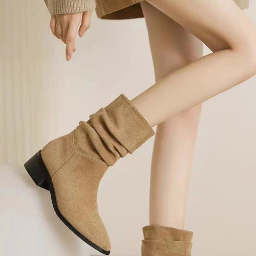 復古堆堆靴女2025新款粗跟短靴棕色西部牛仔靴百搭騎士靴女時裝鞋