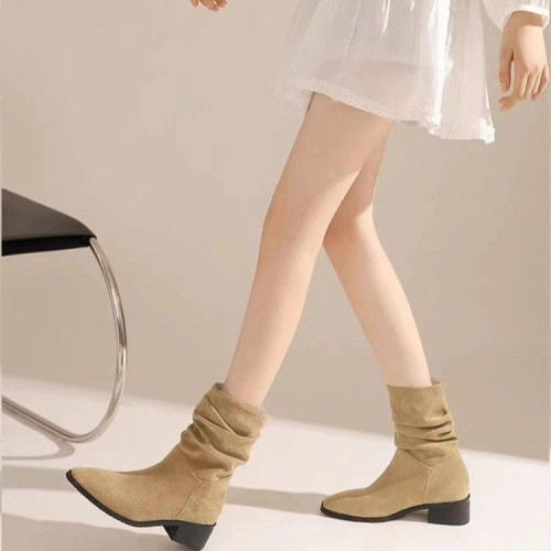 復古堆堆靴女2025新款粗跟短靴棕色西部牛仔靴百搭騎士靴女時裝鞋