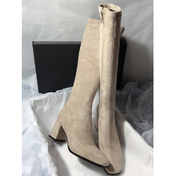 2026秋冬新款方頭粗跟側拉鍊高跟絨面簡約風高筒靴長靴女時裝靴子