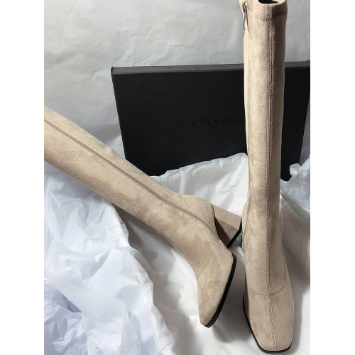 2026秋冬新款方頭粗跟側拉鍊高跟絨面簡約風高筒靴長靴女時裝靴子