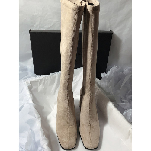 2026秋冬新款方頭粗跟側拉鍊高跟絨面簡約風高筒靴長靴女時裝靴子