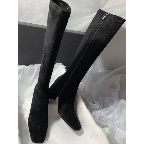 2026秋冬新款方頭粗跟側拉鍊高跟絨面簡約風高筒靴長靴女時裝靴子