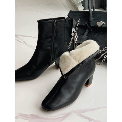 2025冬季加絨短靴女粗跟高跟瘦瘦靴子方頭加厚棉鞋顯瘦雪地靴白色