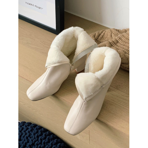 2025冬季加絨短靴女粗跟高跟瘦瘦靴子方頭加厚棉鞋顯瘦雪地靴白色